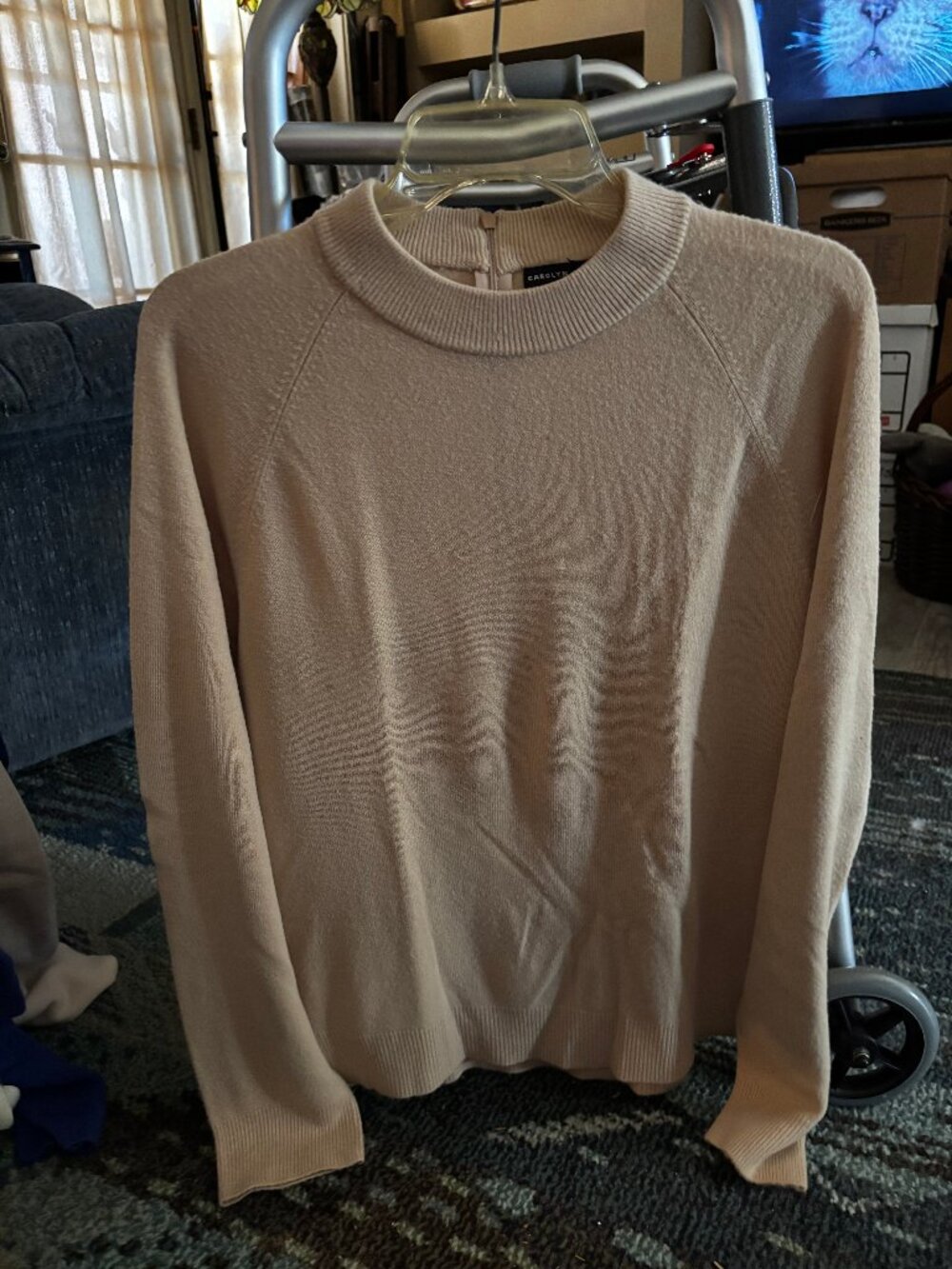Carolyn Taylor Beige Acrylic Knit Long-Sleeve Back Zip Sweater, Size LARGE